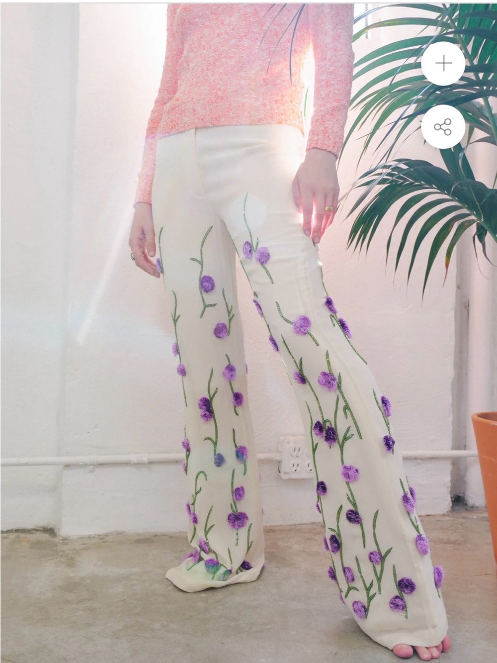 Cynthia Rowley Cream Wide-Leg Pants with Purple Floral Embroidery